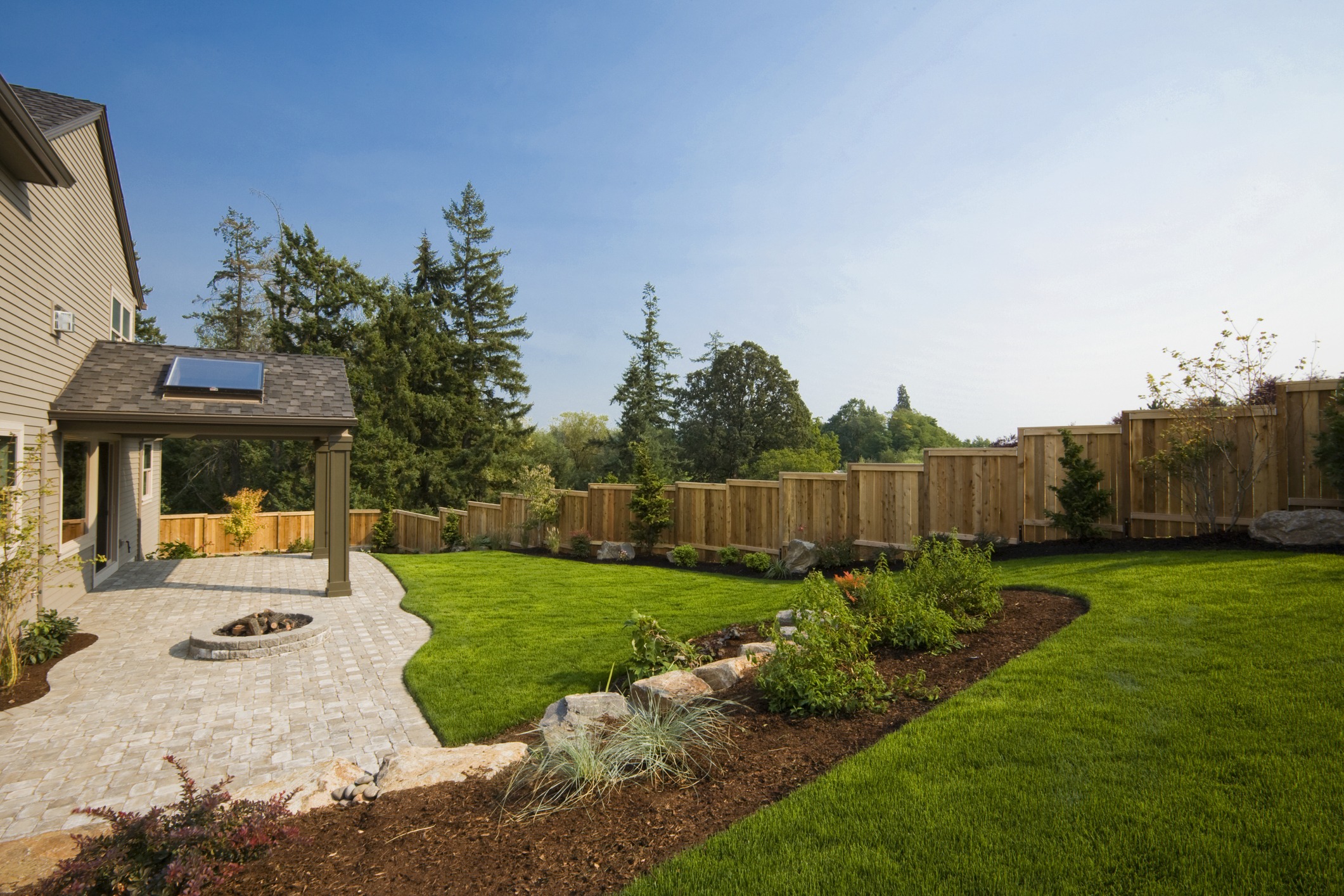 A suburban backyard landscape including a wooden fence and a tended lawn with accent plants.